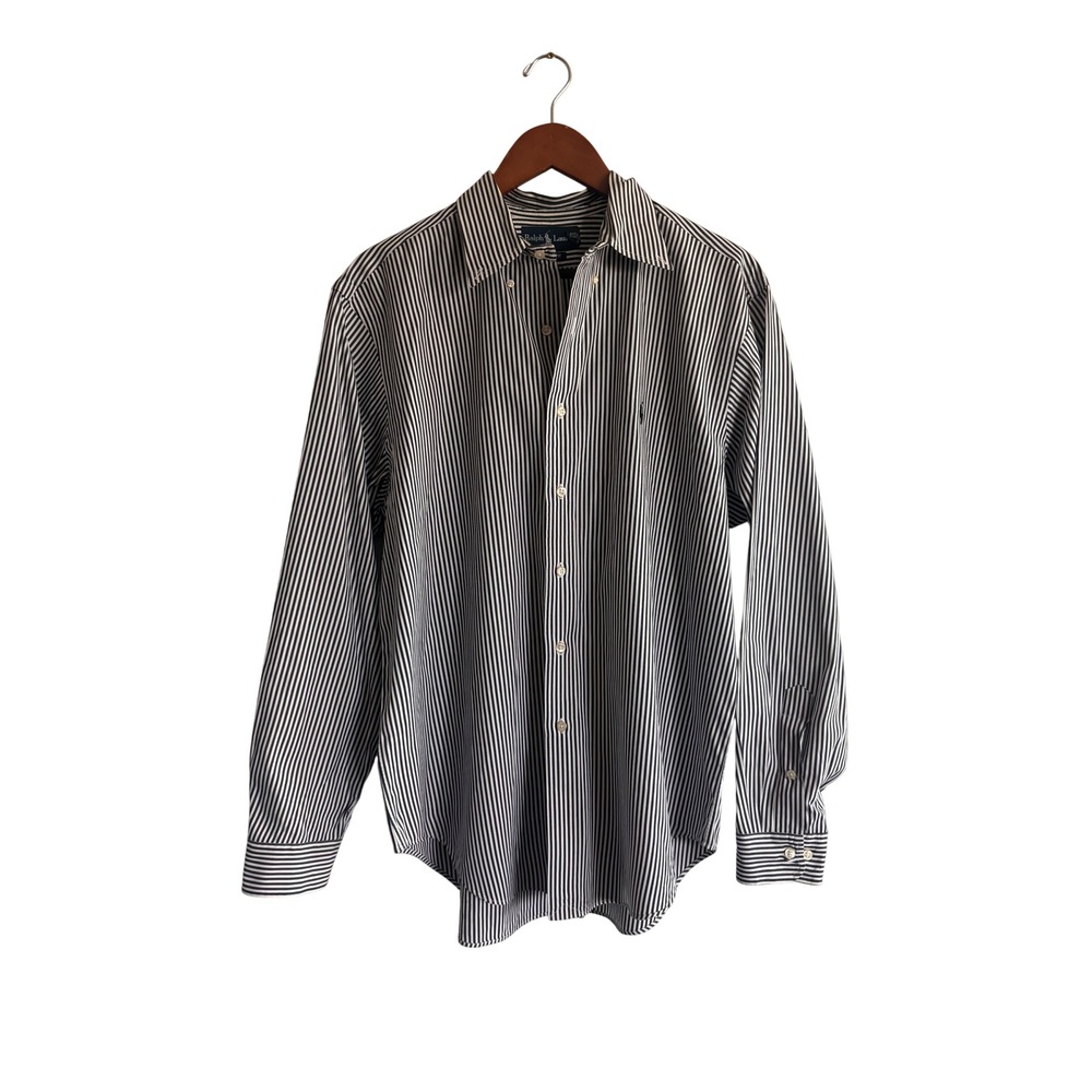 Polo Ralph Lauren Mens Striped Button Down Shirt Navy Blue White Long Sleeve